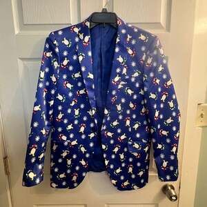 Christmas Penguins Blue Suslo Couture Slim Fit Double Vented Blazer 44 XL